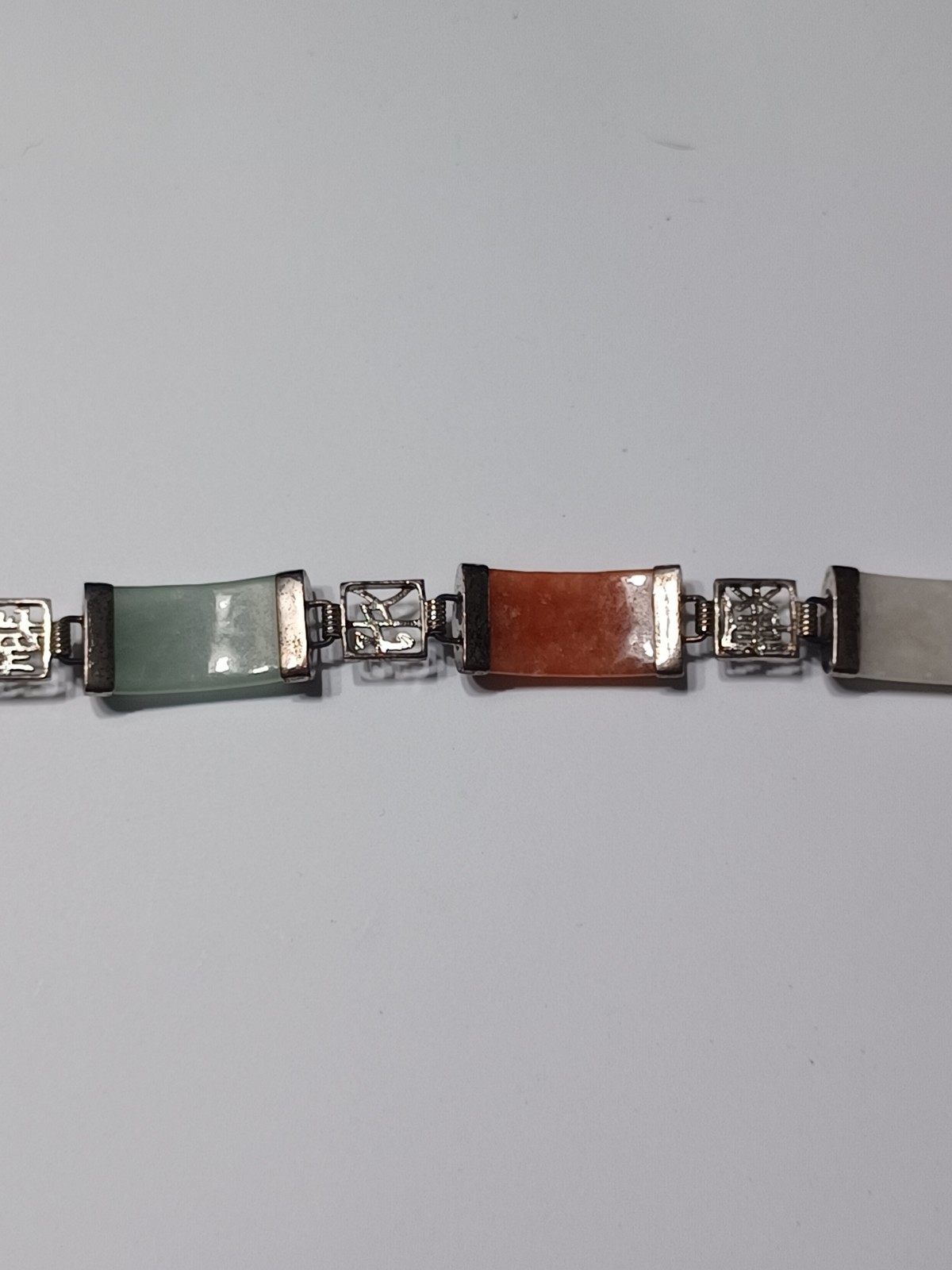 VINTAGE DBJ STERLING SILVER & JADE GEMSTONES BRACELET CHINESE MOTI