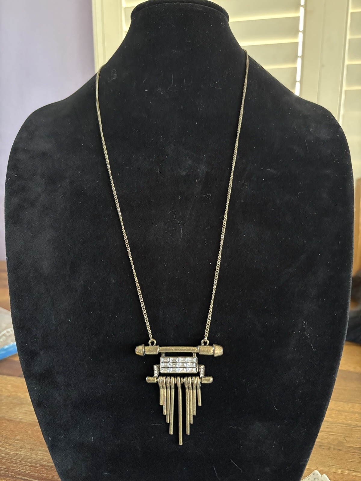 Vintage Plunder Rhinestone & Bronze Tone Necklace Dangle Bar Pendant RETIRED