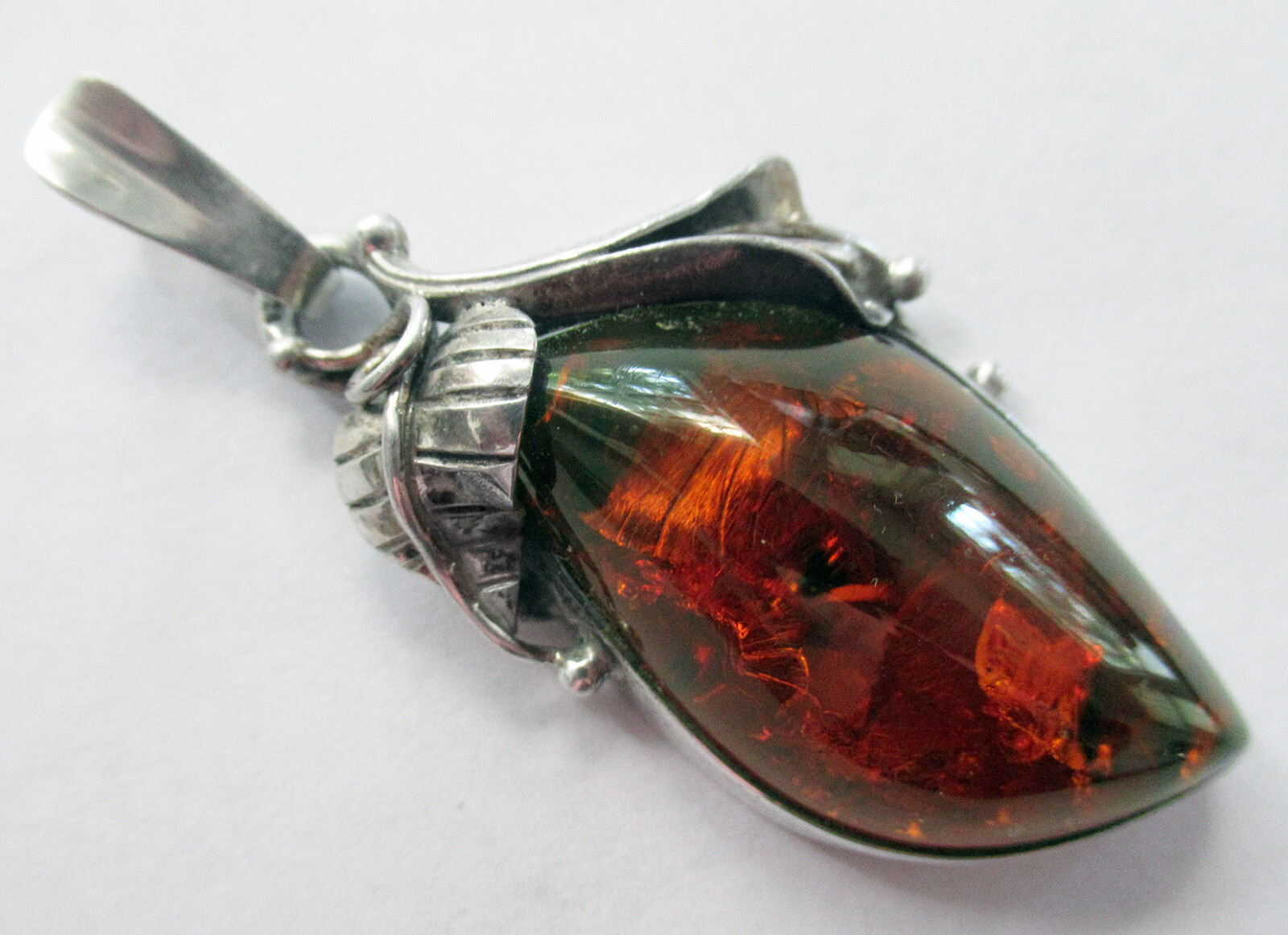 STERLING & AMBER PENDANT -2 3/8 INCHES, 15 GRAMS