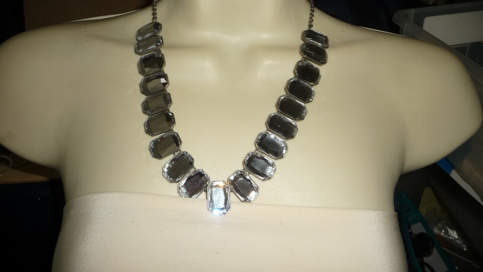#62 vtg costume NECKLACE Sign Danielle Stevens SILVER TONE w LARGE RHINESTONE
