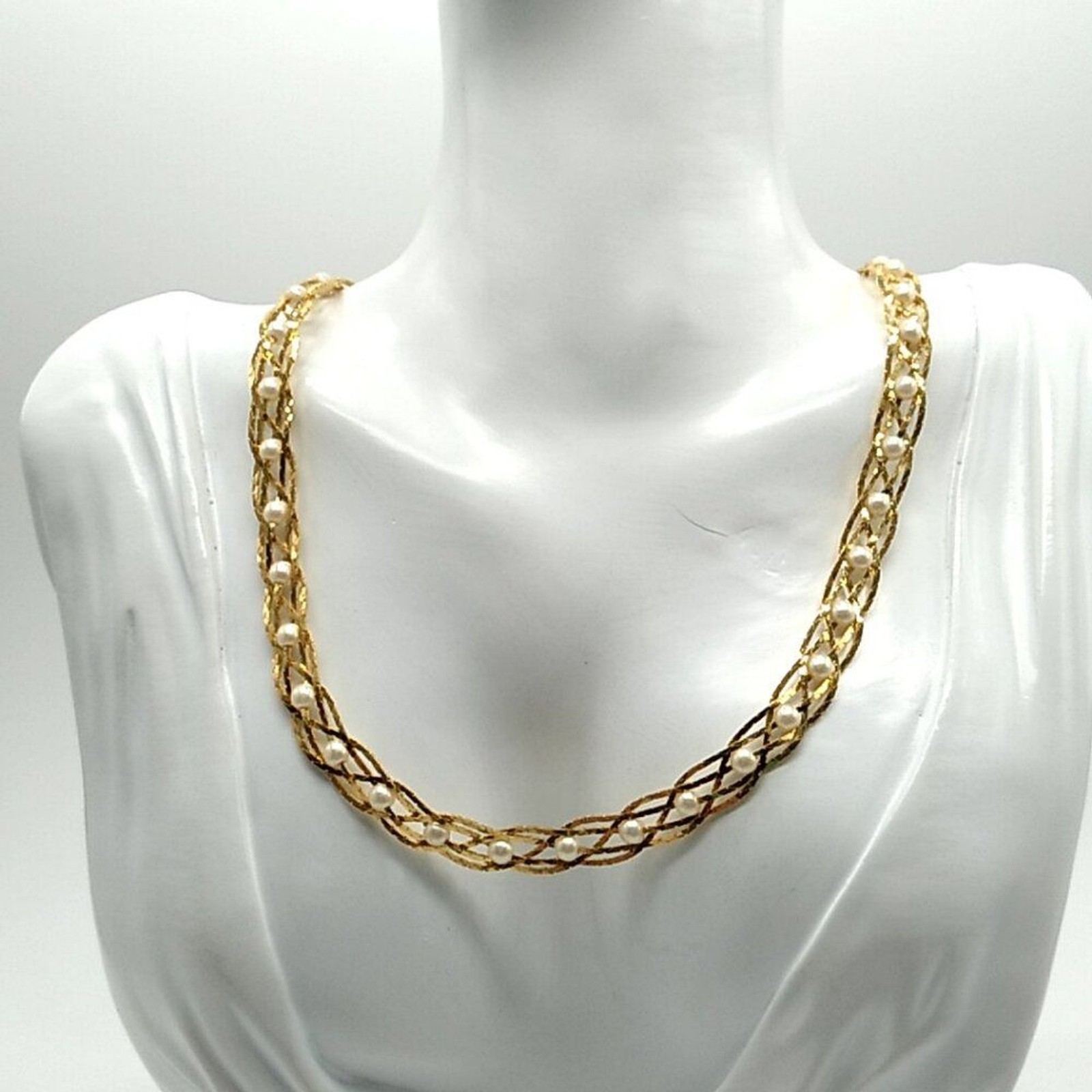 Vintage Avon Convertible Gold-tone Braided Pearl Necklace-Bracelet Silver Plated