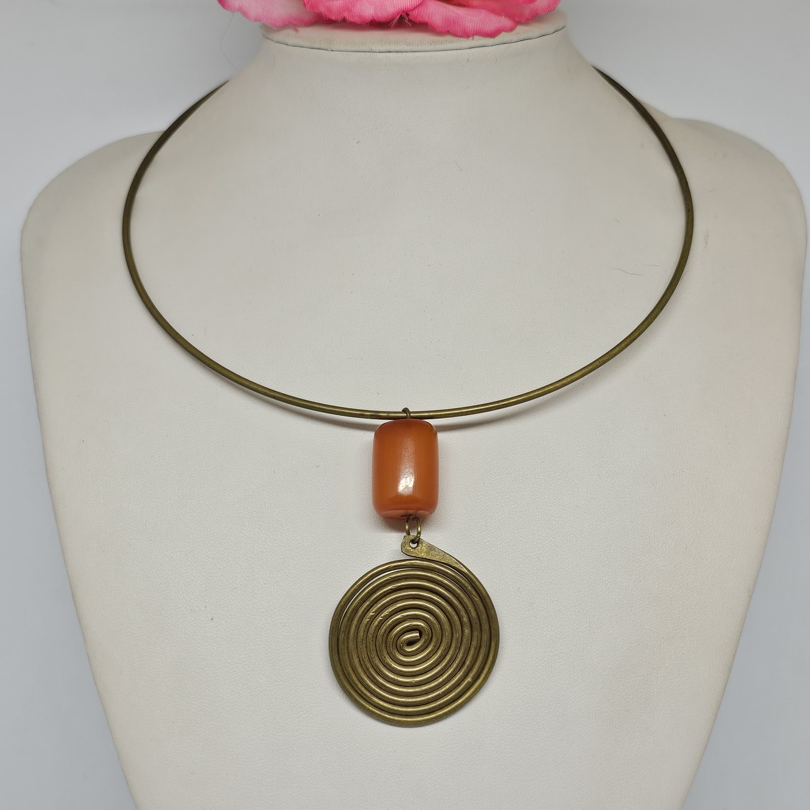 African Amber Brass Spiral Pendant Necklace Butterscotch Phenolic Resin Tribal