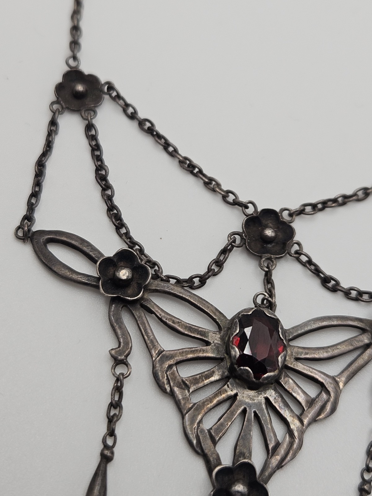 Vintage Victorian Revival Festoon Sterling Red Garnet Flower Necklace As Is