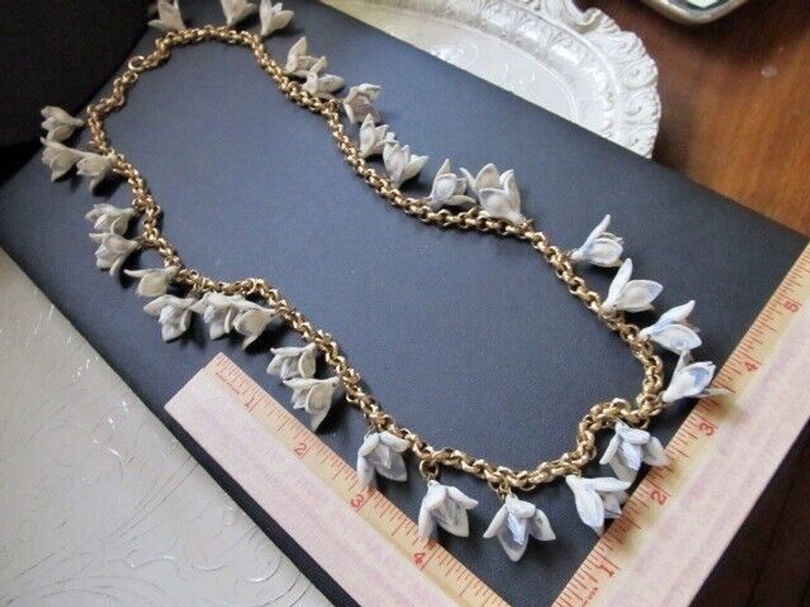 VtG Brass Chain Link Garland Necklace w Molded Plastic Flower Bud Dangle Charms