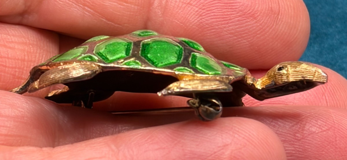 Vintage Sterling Silver Enamel Turtle Brooch Pin Stone Eyes Germany 2″