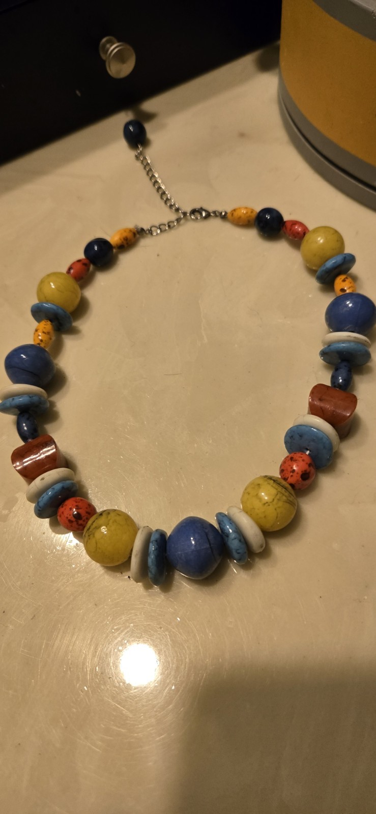Vintage Acrylic?Glass? Statement 16″ Necklace Blue Yellow Red Lobster Clasp