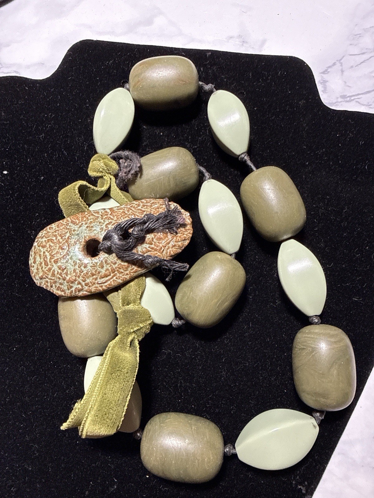 Vintage Green Resin Wood Bead Necklace Ceramic Pendant 20” Lot #941