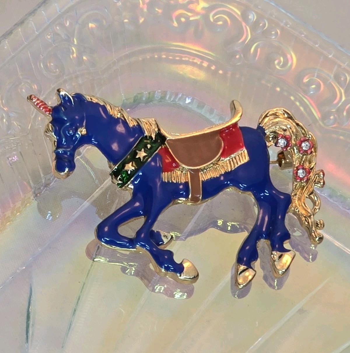 Blue Unicorn Brooch Enamel Gold Tone Rhinestone Tail Whimsical Fantasy Pin #935