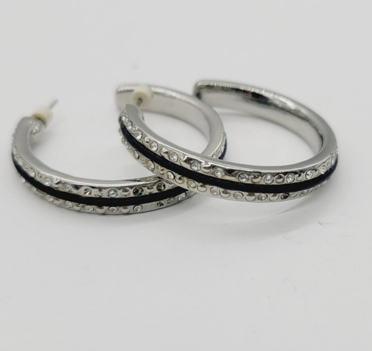 Nine West Hoop Earring Silver Tone Black with Crystal accent Pierced 1.5 in