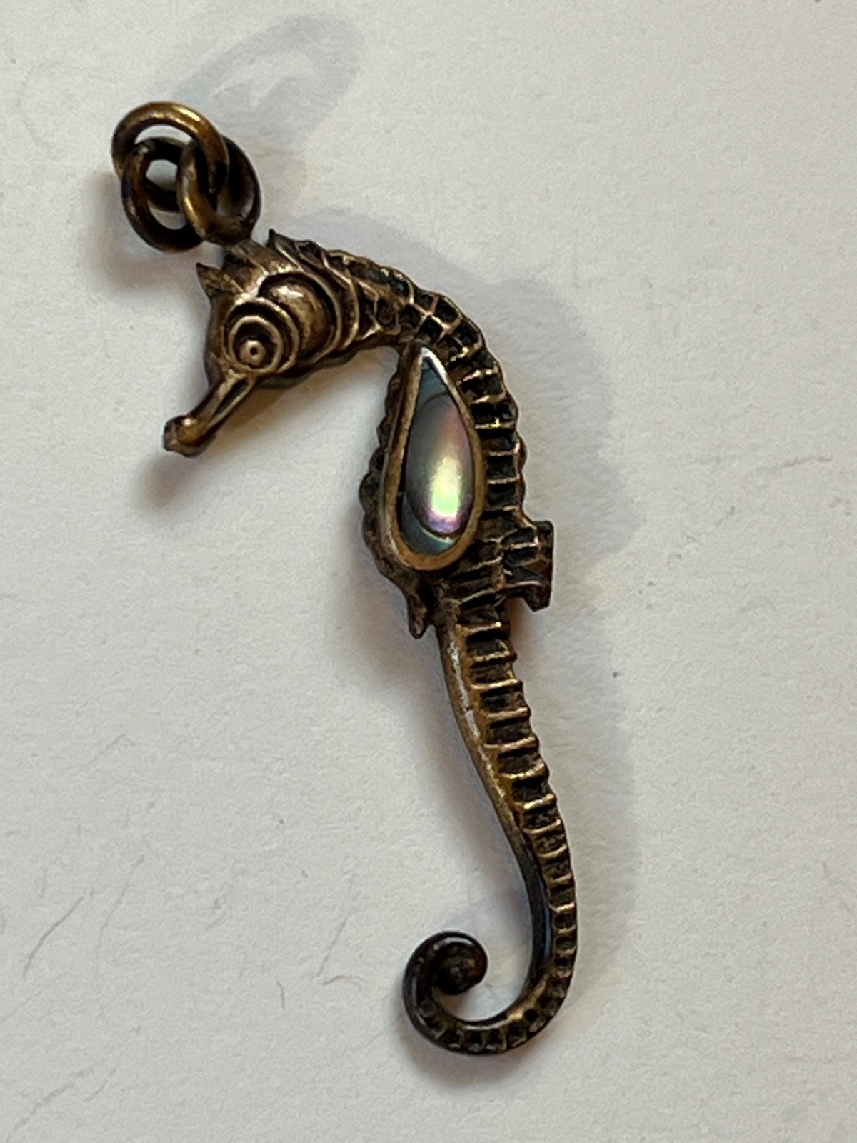 Small Antique Goldtone Seahorse w Small Abalone Accent Pendant – about 1 and 1/8