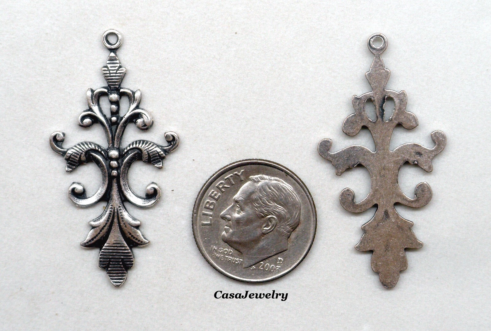 #1771-1R .925 ANTIQUED STERLING SILVER PLATED ORNATE DROP W/TOP RING – 2 Pcs