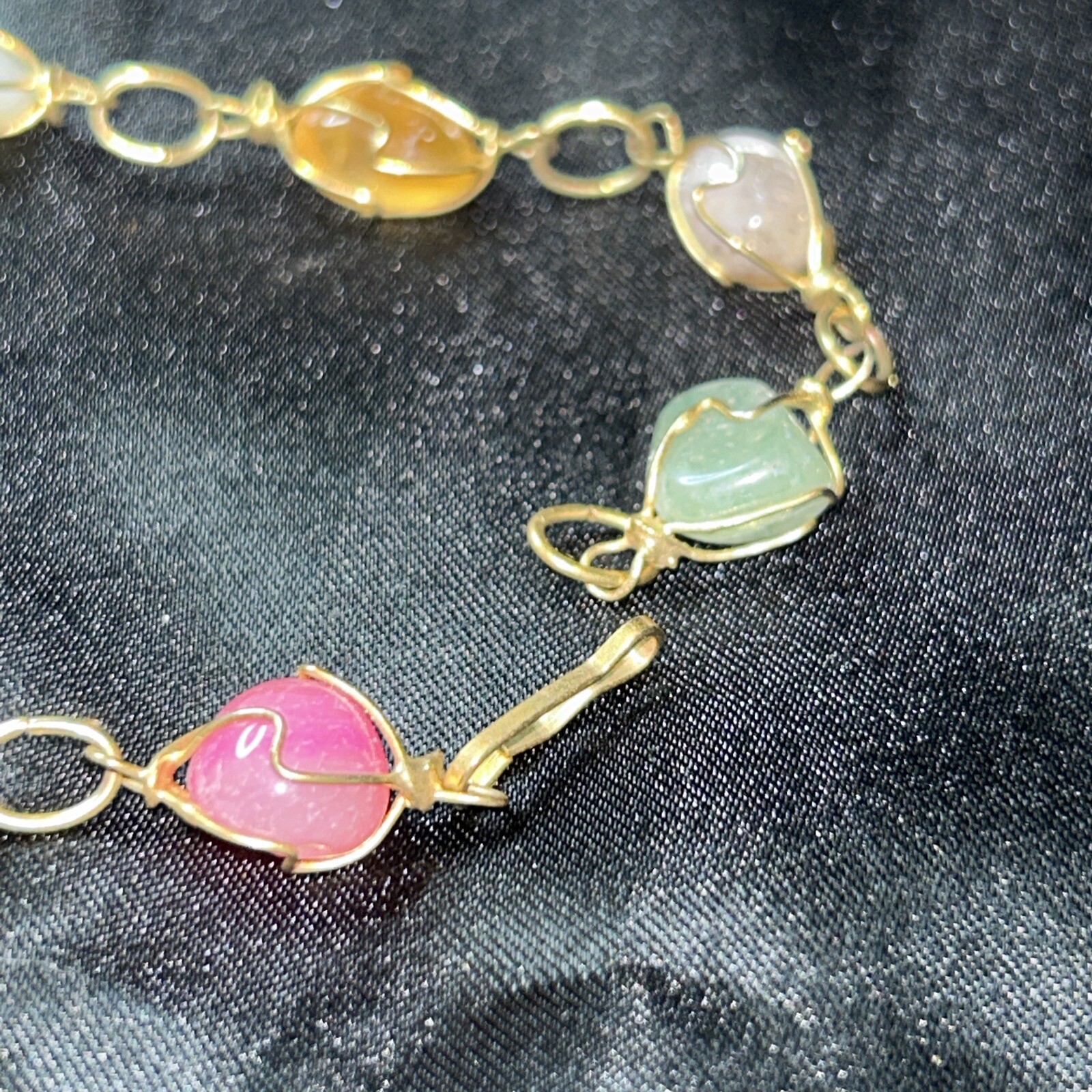 Bracelet Wrap Wire Link Orange White Green Brown Stone Gold Tone Pinch Clip Vtg