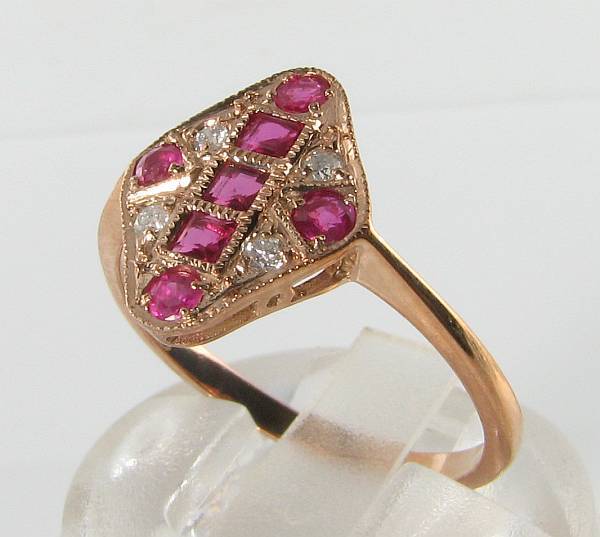 LOVELY 9K 9CT ROSE GOLD INDIAN RUBY & DIAMOND ART DECO INS LOZENGE RING FREE Sz