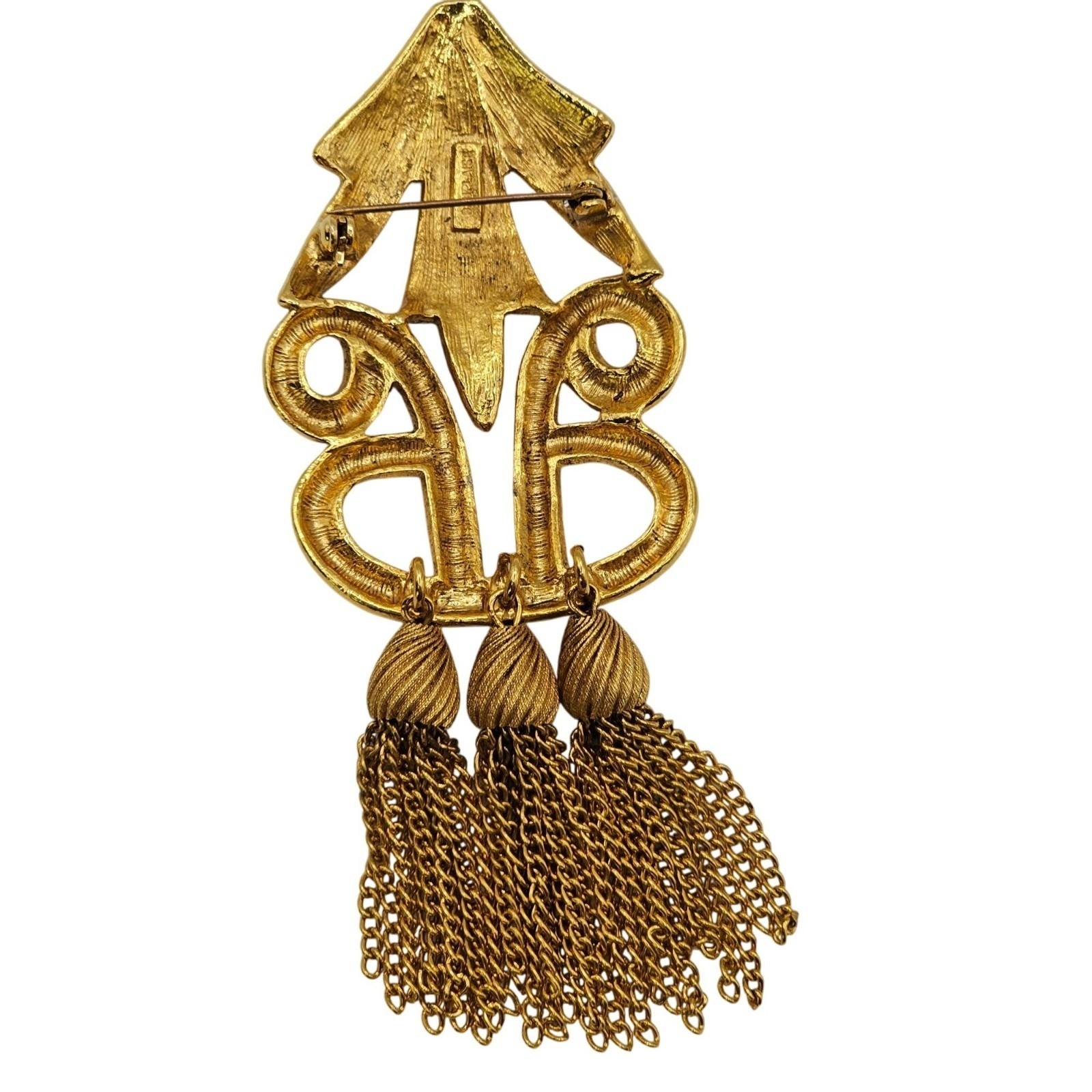 Designer Carol Dauplaise 4″ Tassel Brooch Statement Gold Tone Vtg Knot Dangle