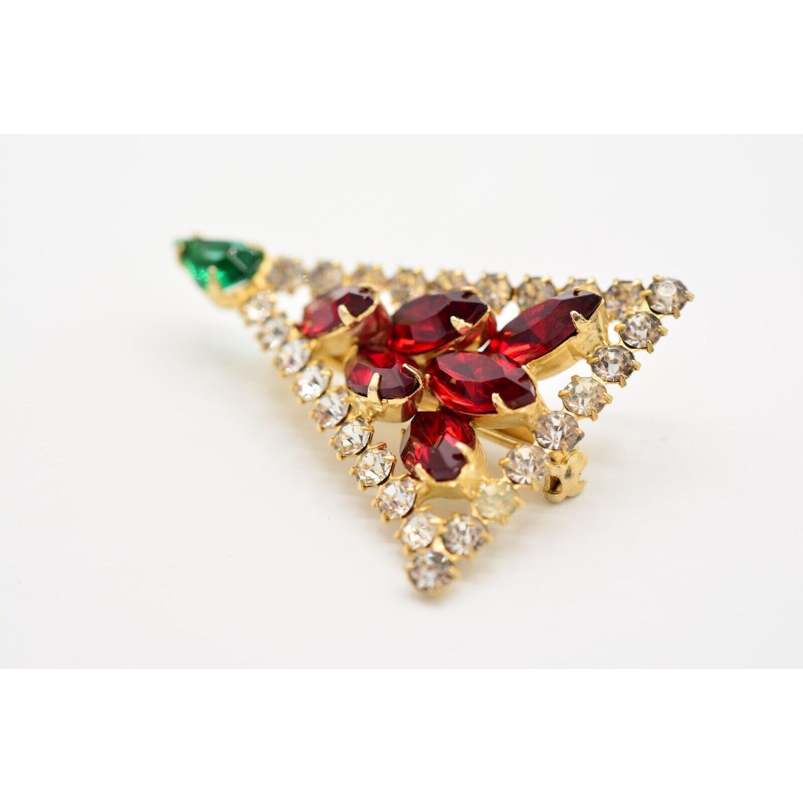 Vintage Crystal Christmas Tree Brooch Gold Green Red Marquise Rhinestone BinB