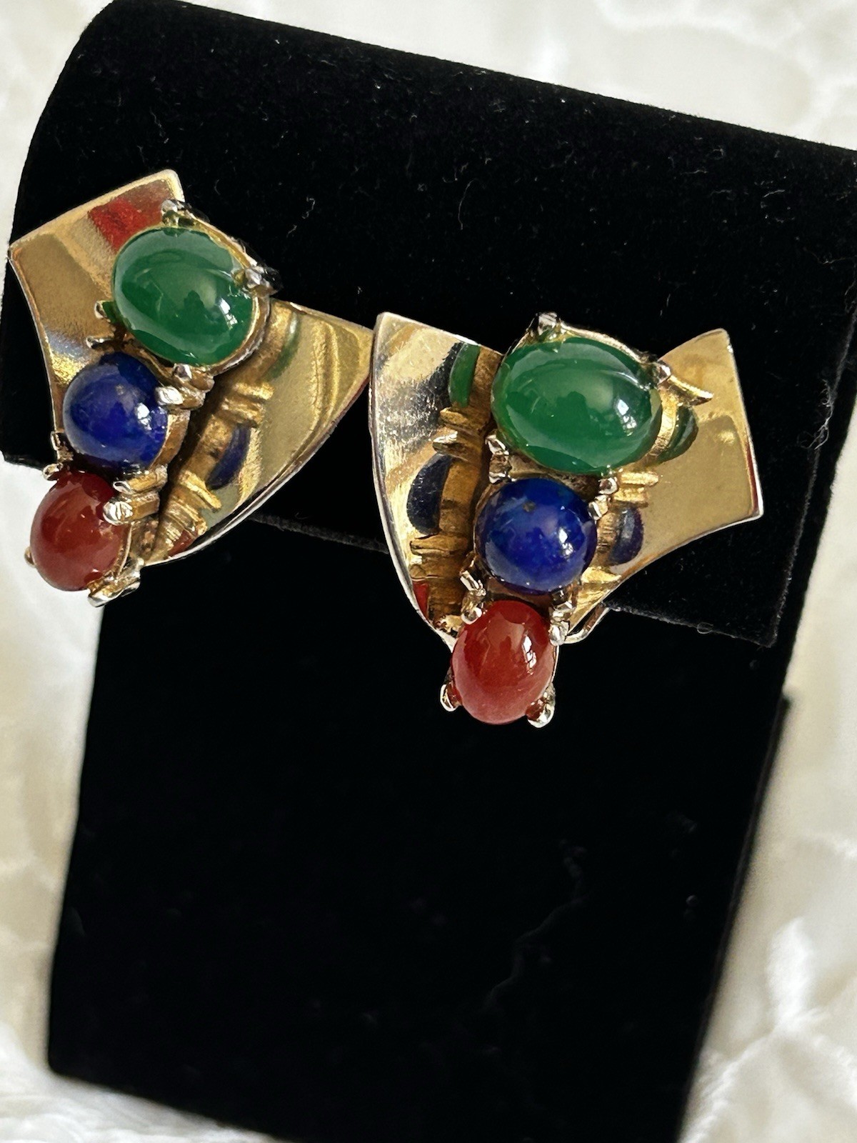 Vintage Multi Cabochon Clip Earrings Green Blue Red Fan Shield Gold Tone