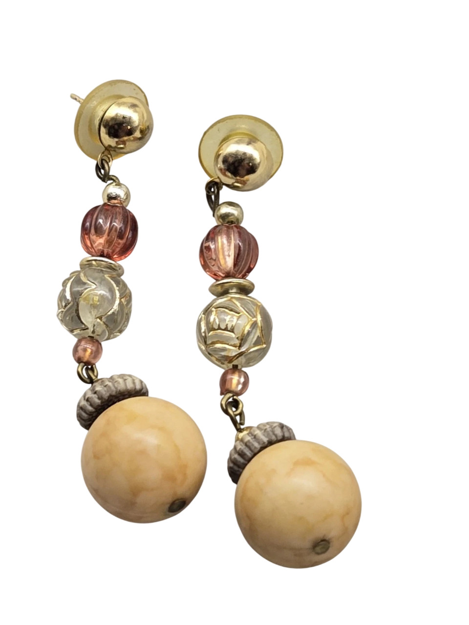 Vintage Post Dangle Drop Earrings Boho Style Multimedia Beads Goldtone Metal