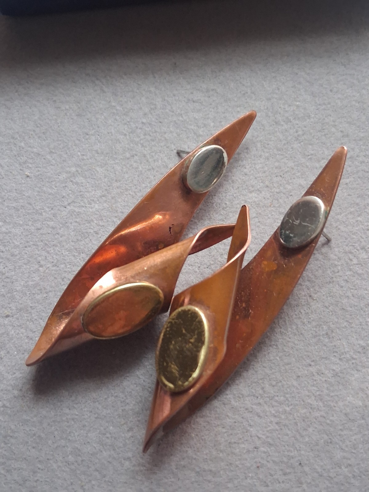 Mid century modern MCM copper abstract mixed metal large earrings