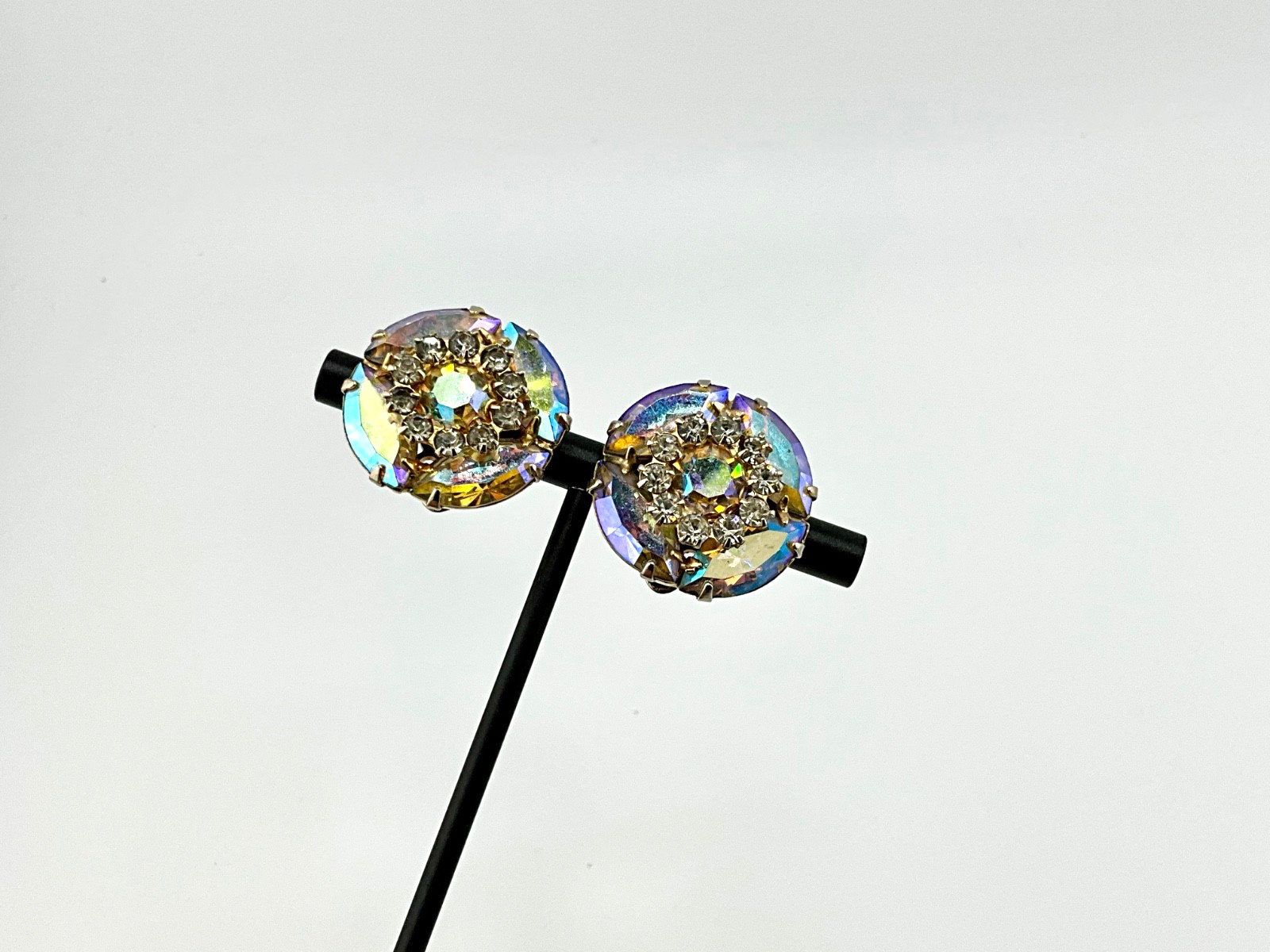 Vintage Aurora Borealis Crystal Earrings Mid Century Hollywood Regency Glam