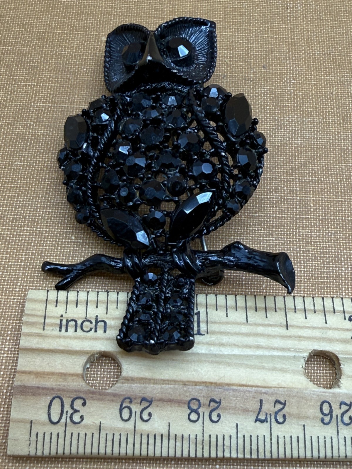 Vintage Owl Figural Black Rhinestone Black Metal Brooch Unsigned