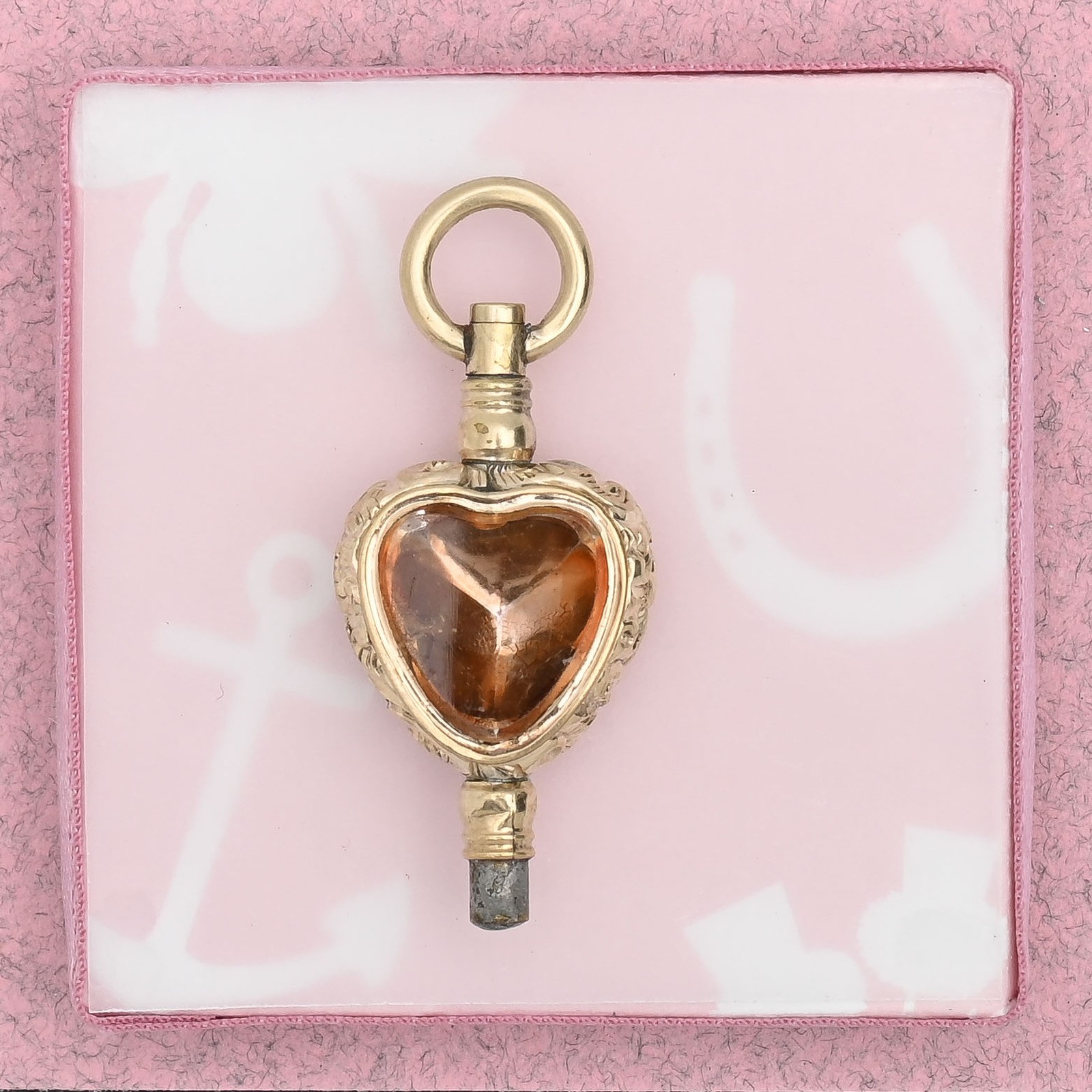 Antique Victorian HEART Peach & Bloodstone Gold Filled Key Fob Charm Pendant