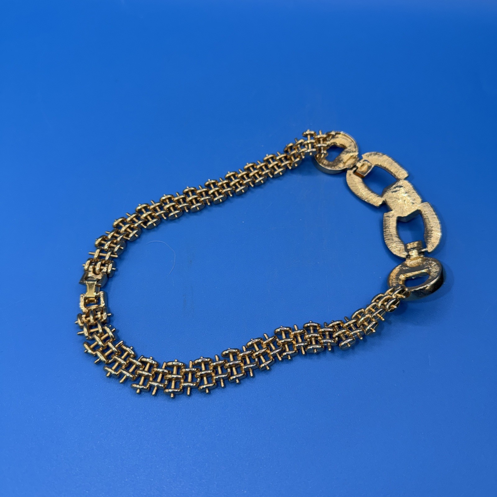 Vintage Gold‑Tone Pavé Link Necklace w/ Yellow Gemstone & Rhinestones