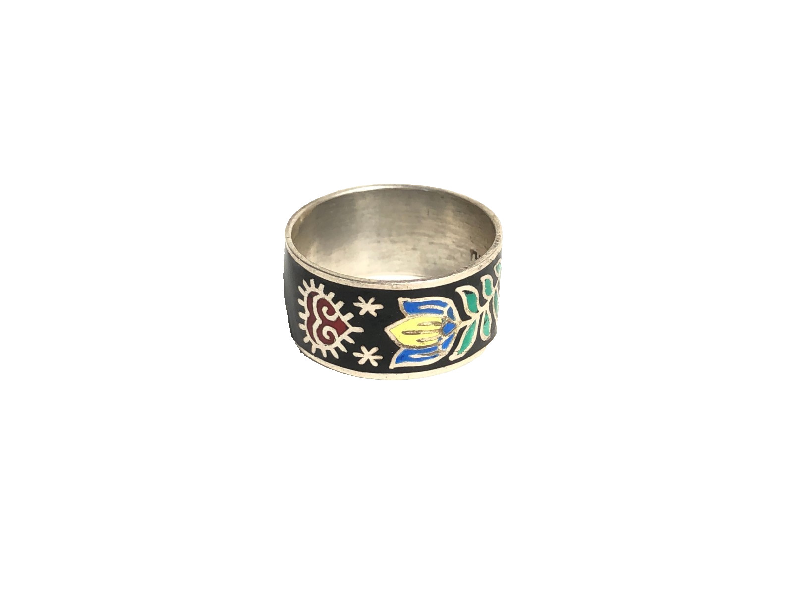 Siam Ring Band Enamel Cloisonne Heart Flower Sterling Silver Vintage NOS Sz 7.25
