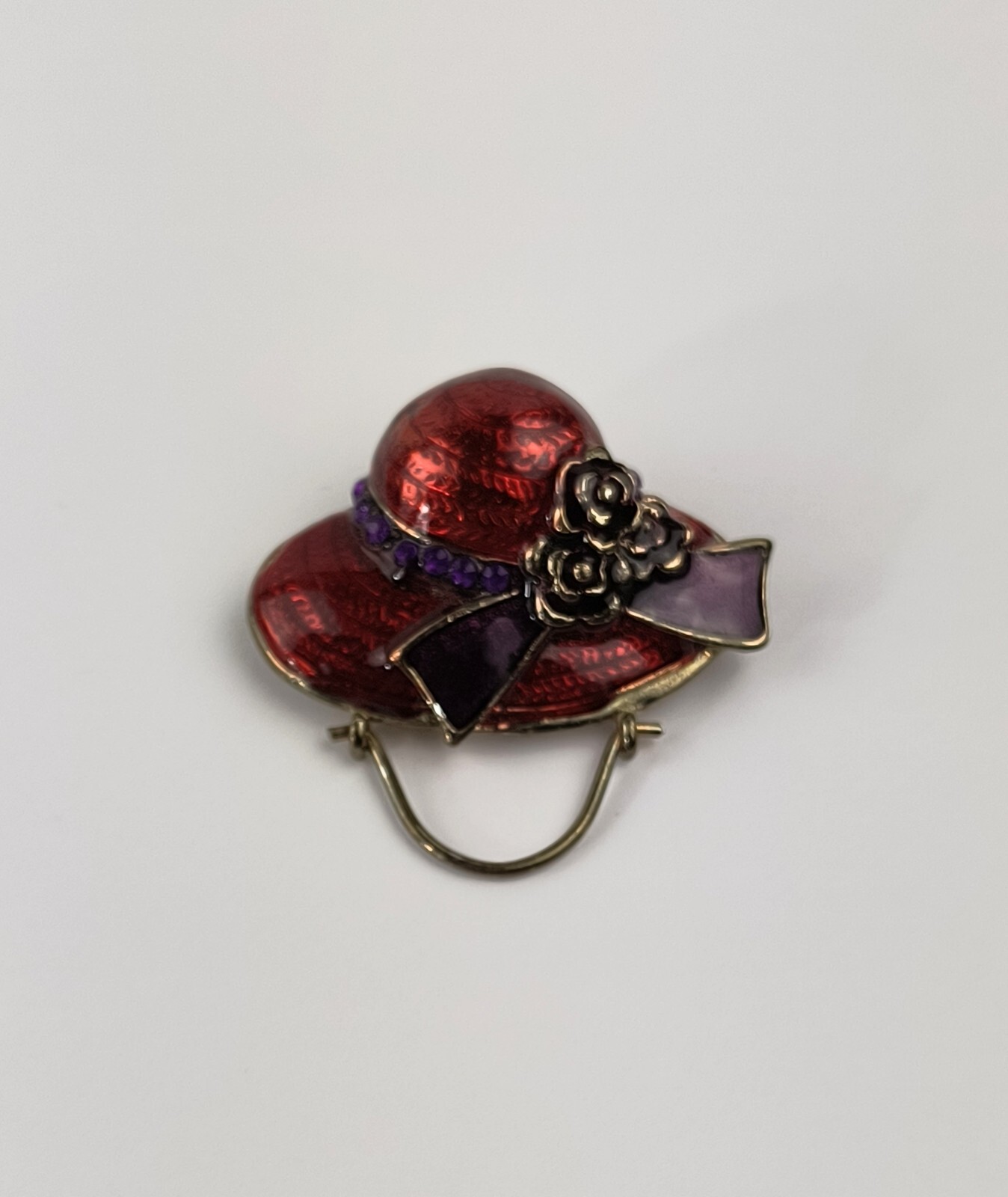 Vintage Red Hat Society Enamel Golden Brooch Pin Red & Purple