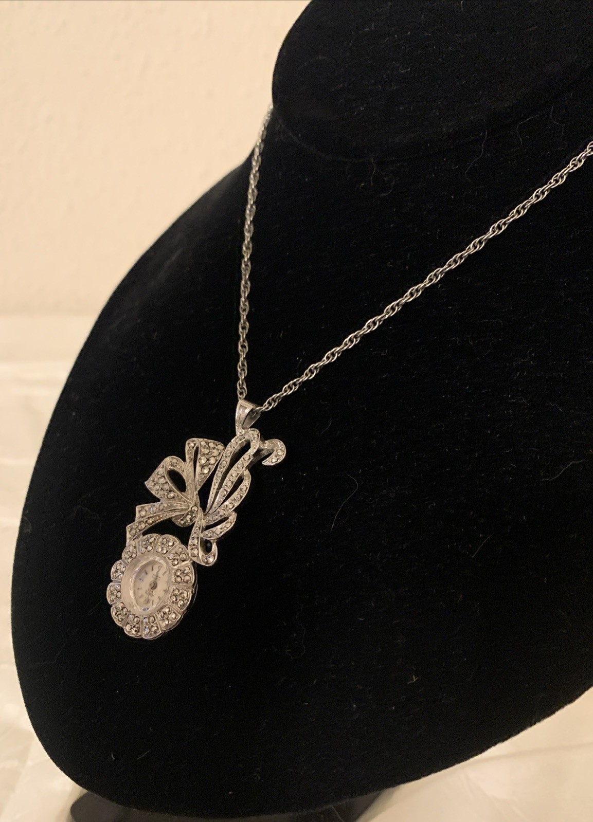 Vintage Hilton Watch Necklace 24.5” Pendant Manual Wind Marcasite Silver Tone