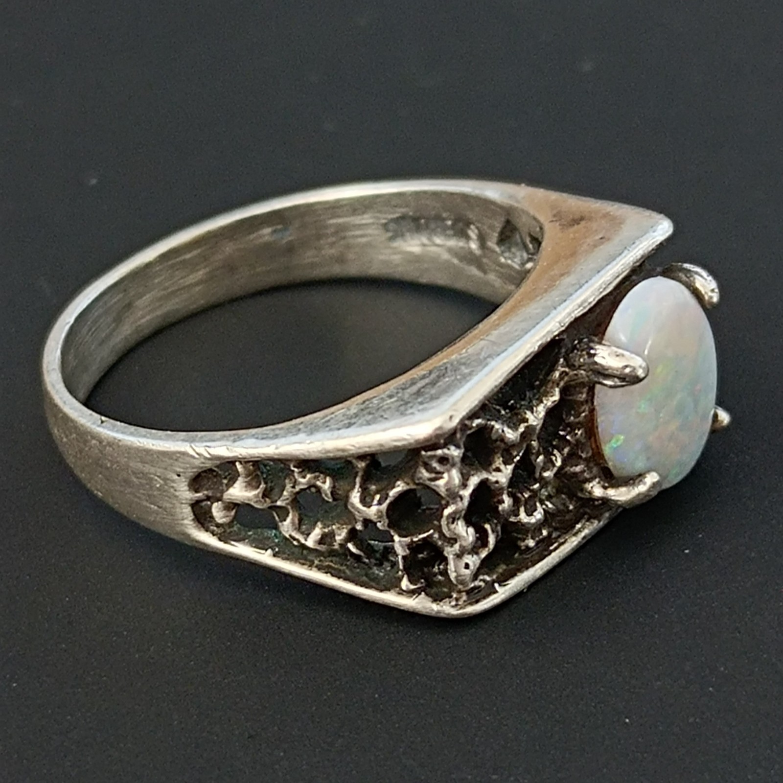 Vintage Opal Ring Silver Brutalist Modernist Israeli Men’s Pinky Women Abstract