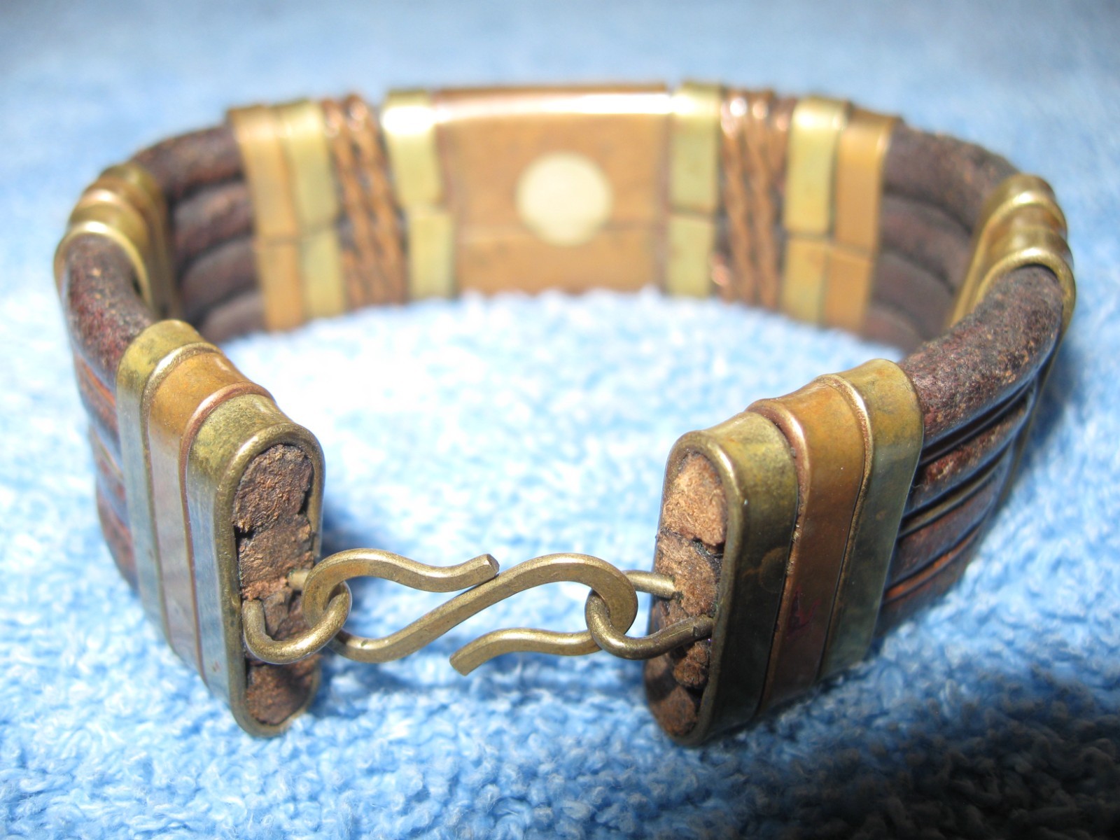 Leather & Brass Bracelet w/Hook Clasp, 3/4″ wide x 3″ Diameter Artisan Made