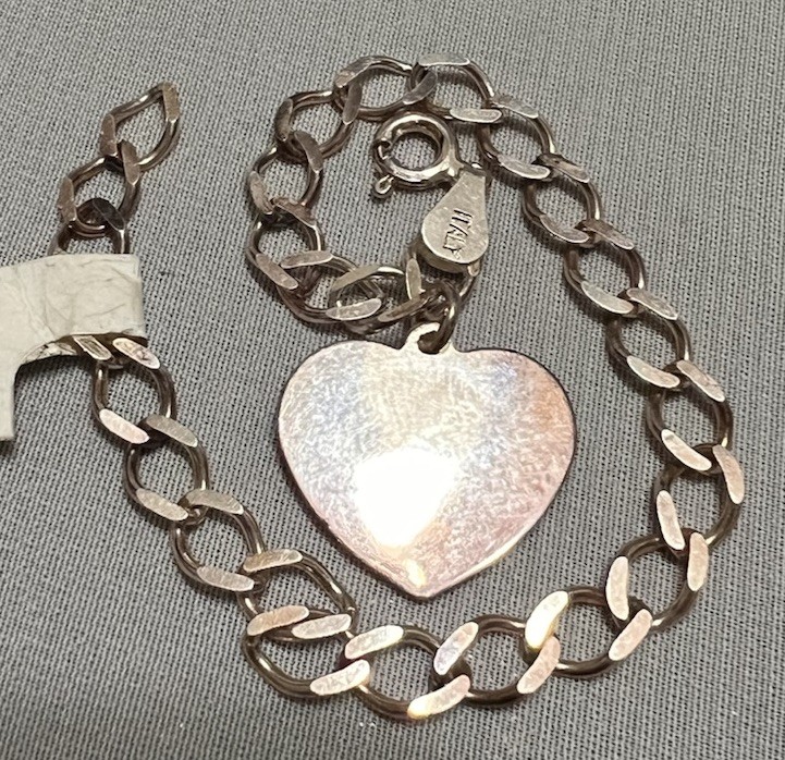 6 & 3/4″ ITALY Sterling Silver HEART Starter CHARM BRACELET Vintage w/ Tag