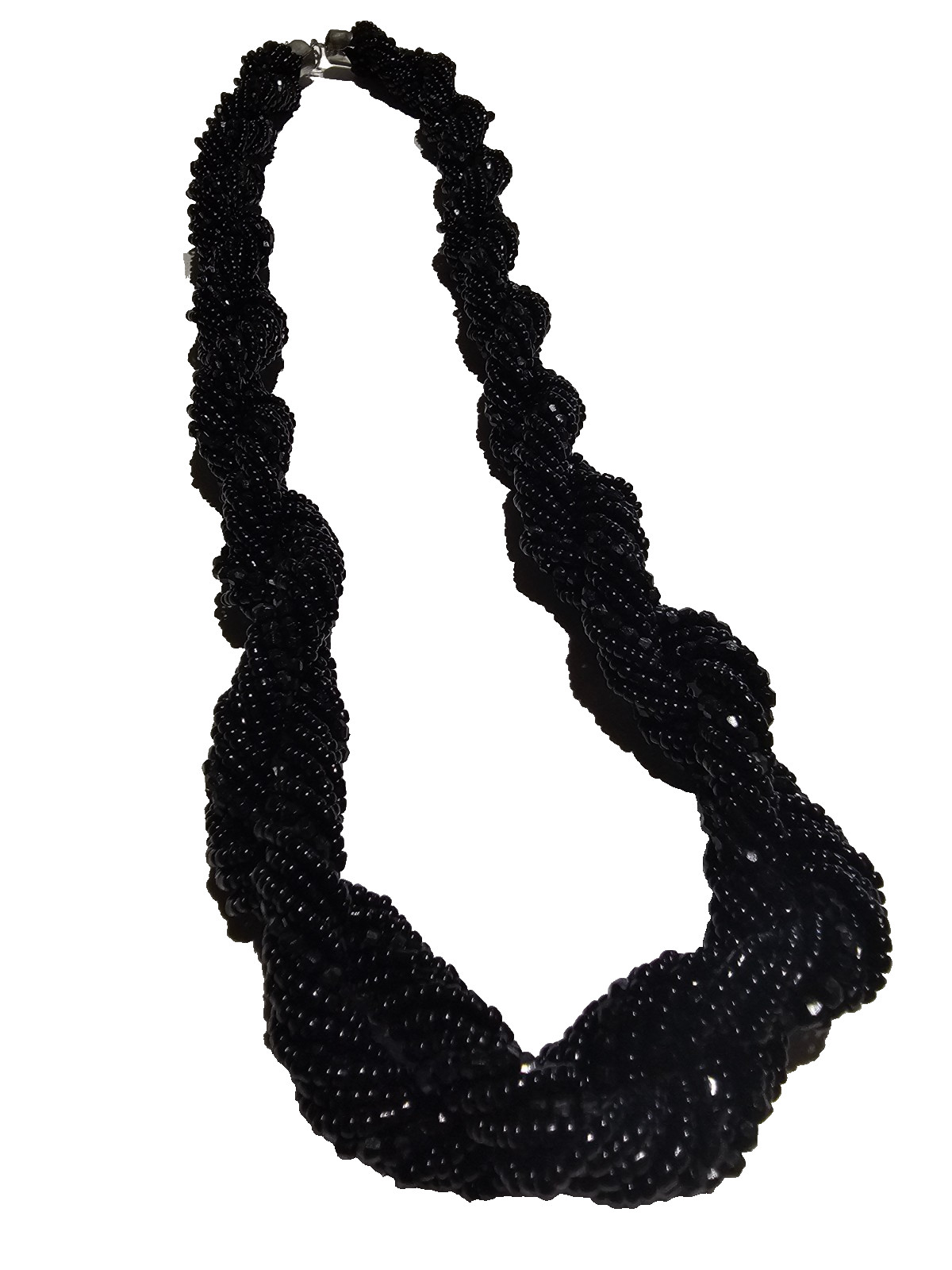 TWISTED STRAND BLACK GLASS SEAD BEAD NECKLACE, EARRINGS & BRACELET – VINTAGE