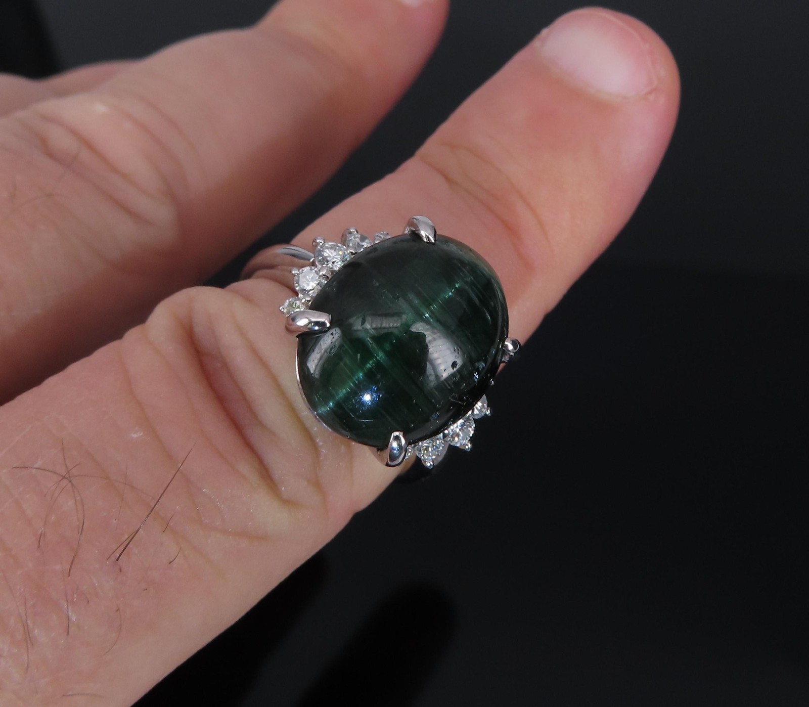 8.05ct Natural Cat’s Eye Green Tourmaline 0.26ct Diamond Platinum Ring Size 6.75