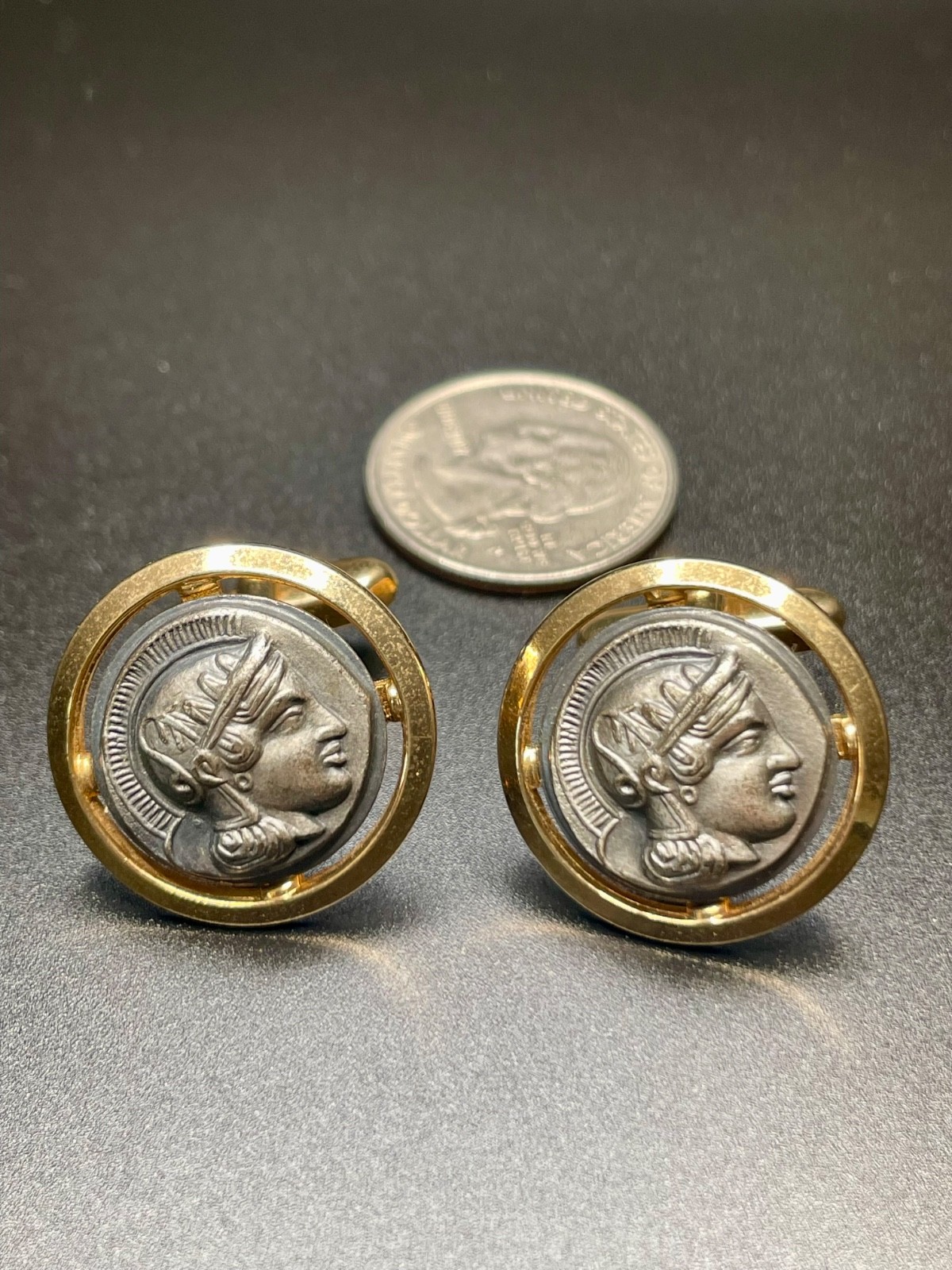 Vintage Classical Coin Profile Cufflinks Two Tone Gold Silver Greek Roman MCM