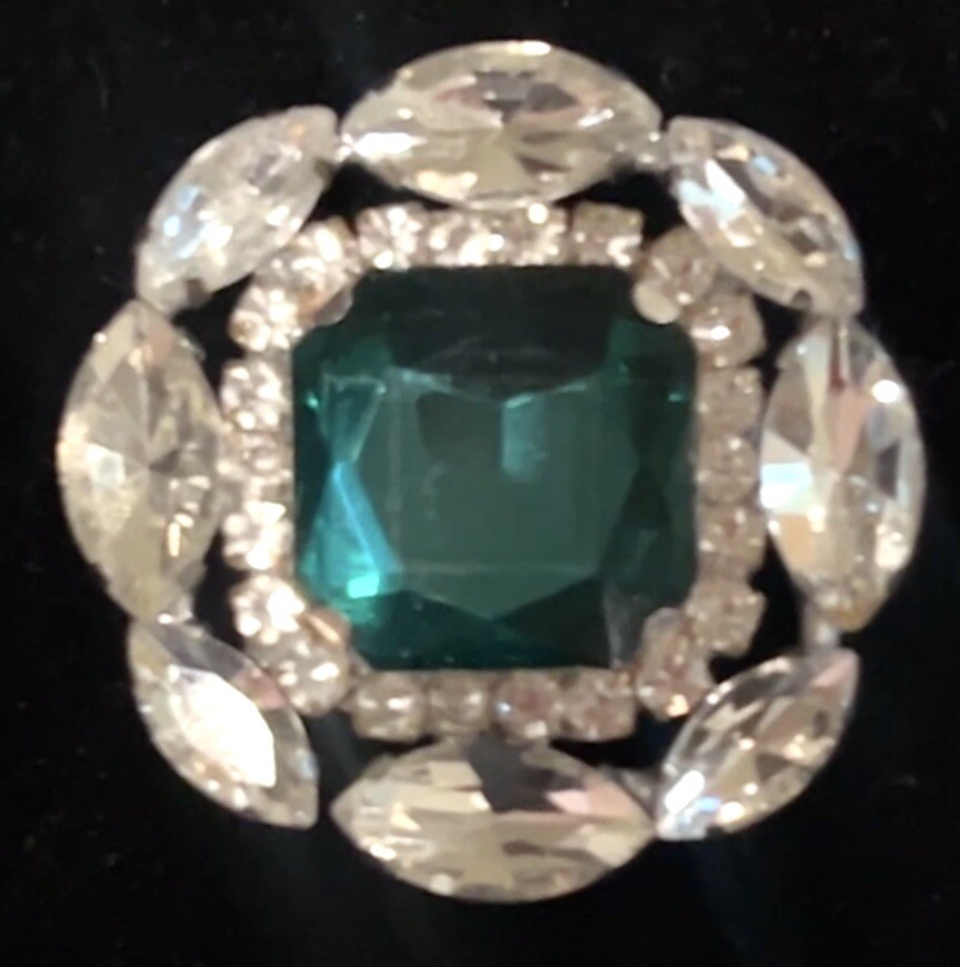 VTG CZECH Colorless & Emerald Green Crystal RHINESTONE BROOCH