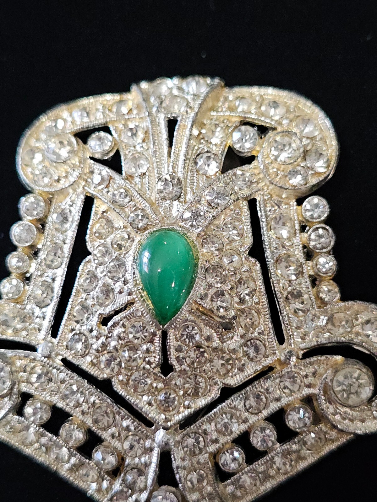 Big Vtg 1930s Pot Metal Signed PJC Green Glass Rhinestone Deco Dress Clip Brooch