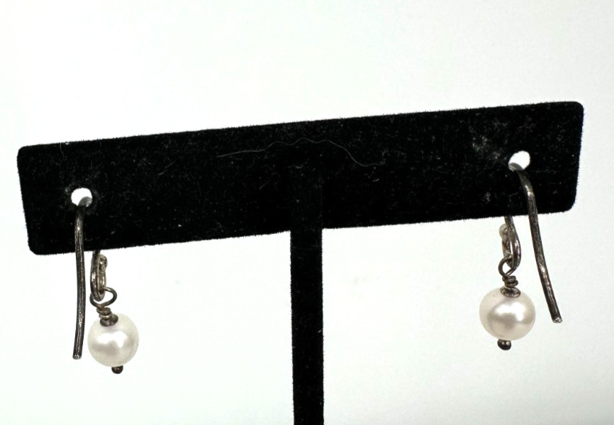 Vintage Faux Pearl Drop Earrings Silver Tone Minimalist Dangle Classic Small