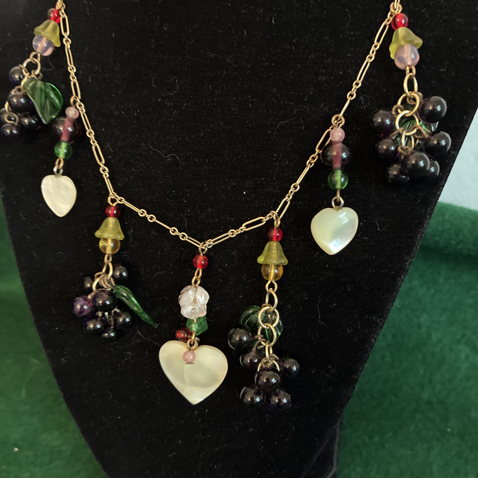 Vintage Hand Crafted Amazing Heart & Grape Cluster Dangle Necklace & Earrings