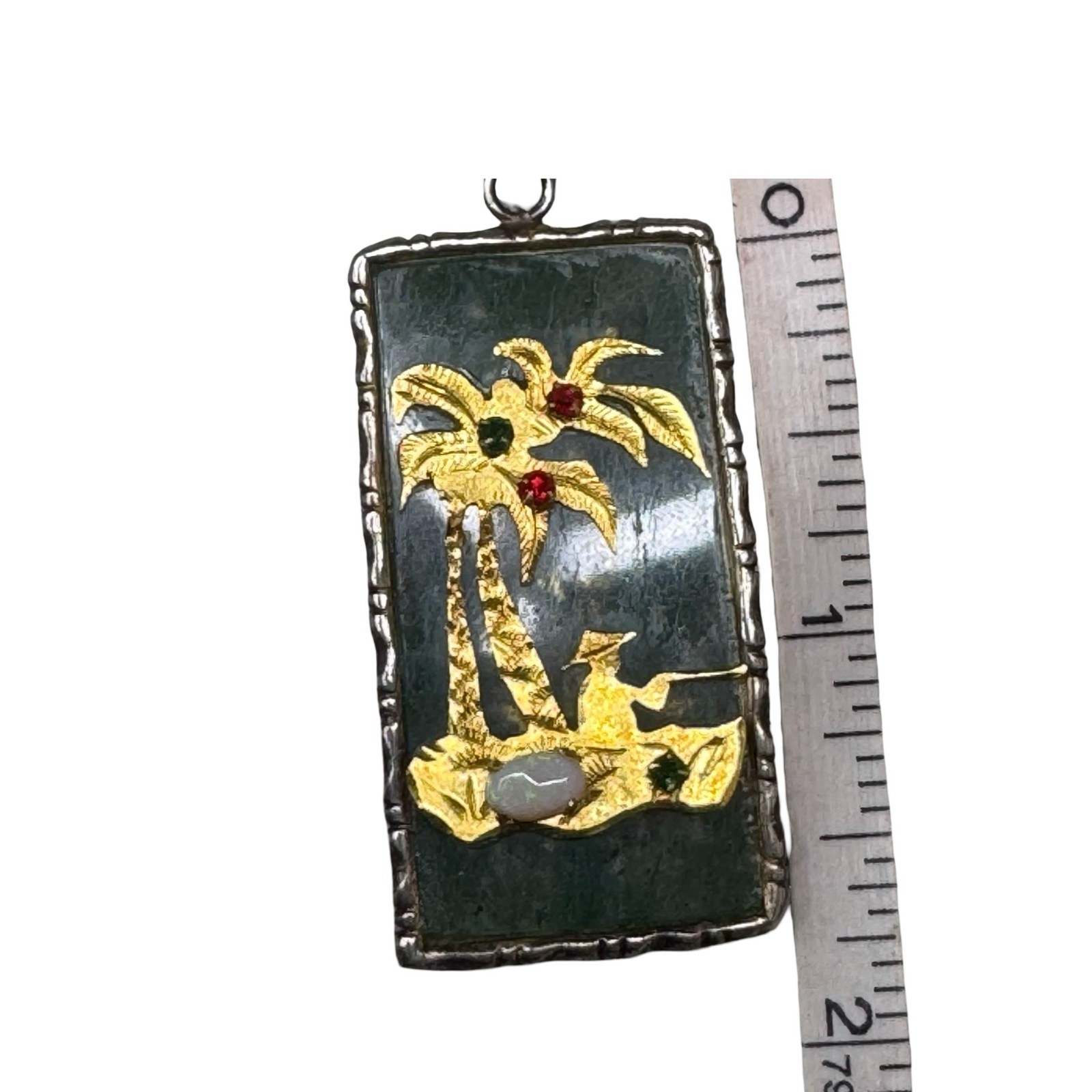 Vintage Asian Jade Pendant Gold Palm Tree & Fisherman Opal Ruby Emerald 1.75″
