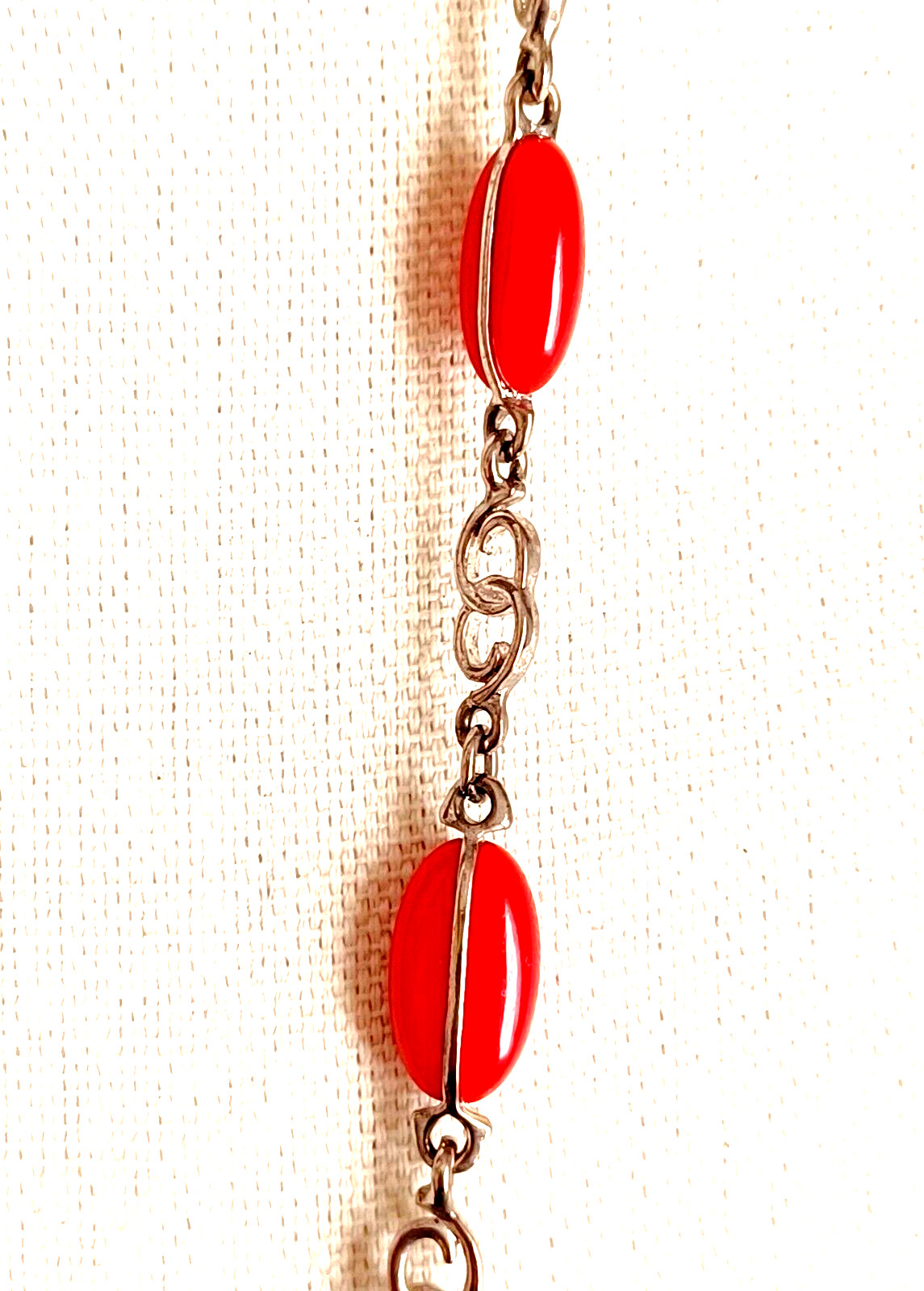 Necklace Station Red Oval Acrylic Accent Beads Silver Tone Chain Vintage 34″