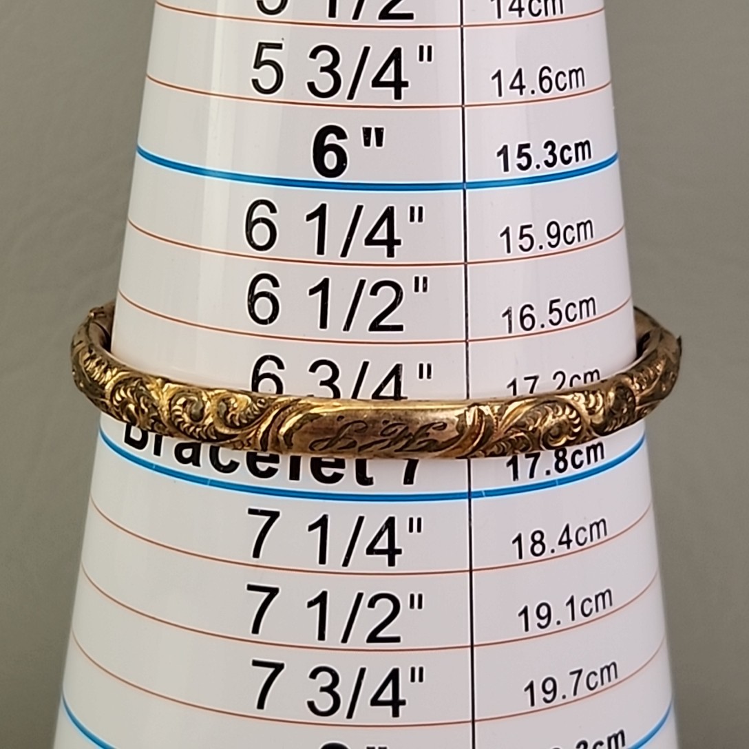 Antique Victorian Bangle Bracelet Floral Motif Etched HP Gold Filled 6.25″