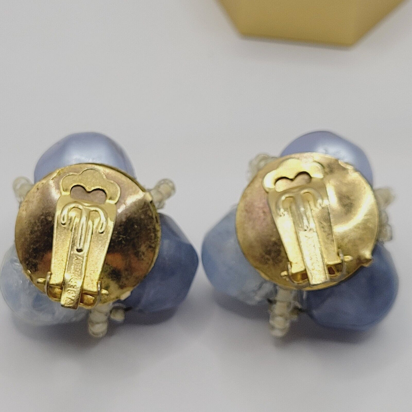 Blue Tones Lucite and Seed Bead Cluster Clip On Earrings 1950s 1960s W Germany