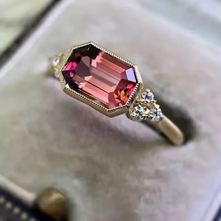 2Ct Emerald Cut Pink Tourmaline Solitaire Engagement Ring 14K Yellow Gold Finish