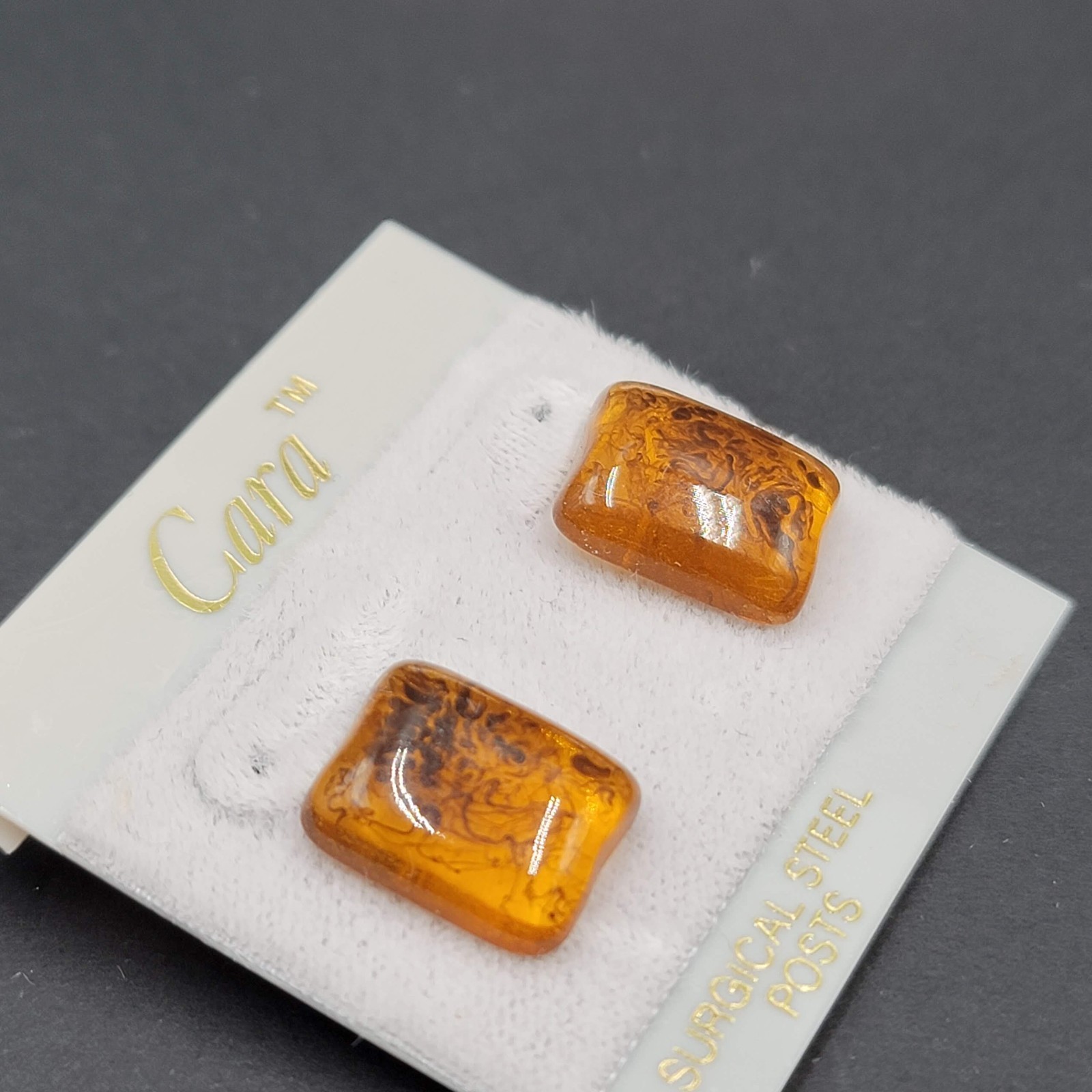 Vintage Amber Color Resin Cara Pierced Earrings New Old Stock 5/8″