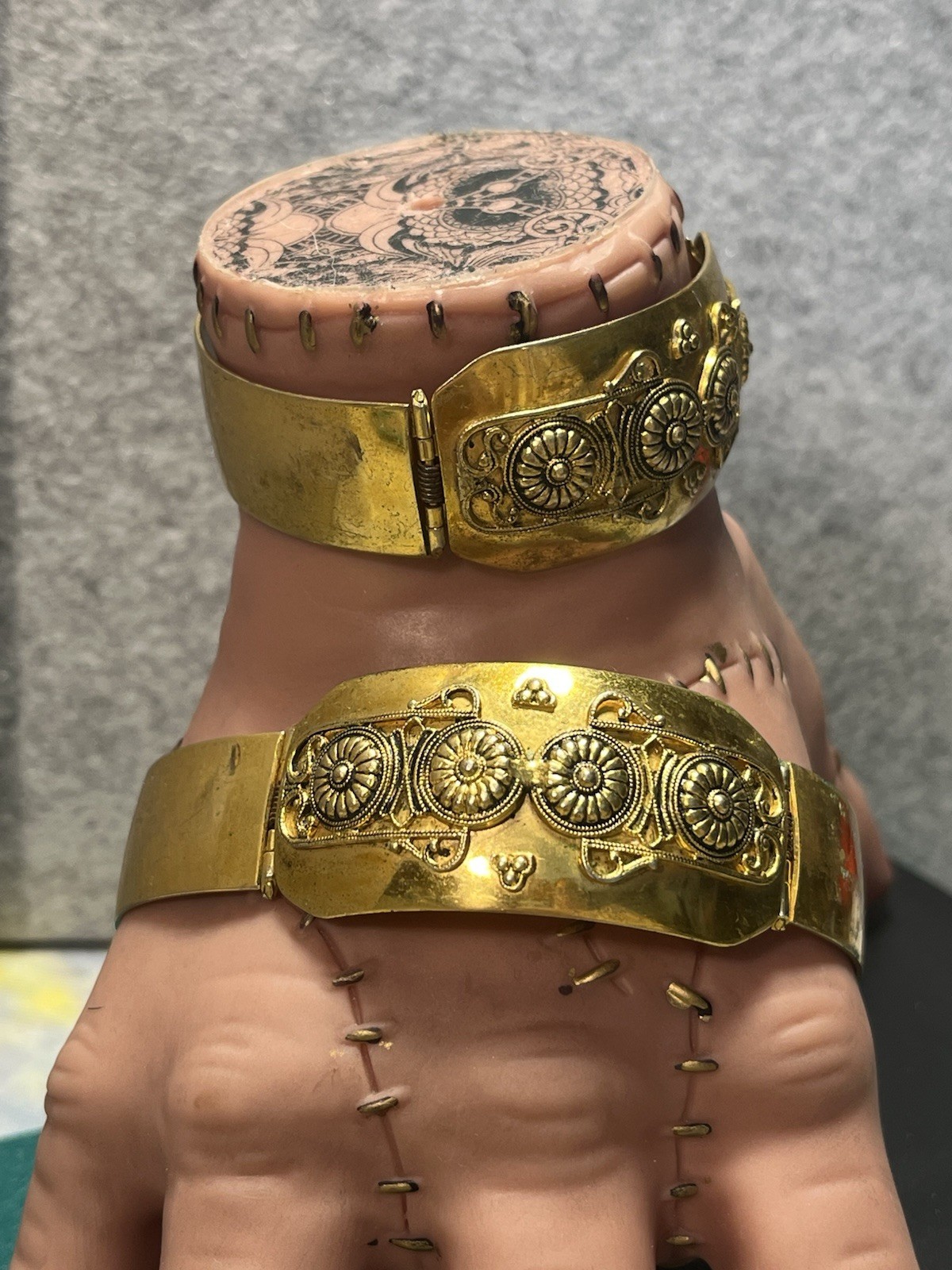 Vintage Etruscan Revival Hinged Cuff Bracelet Pair Gold Tone Cannetille Jewelry