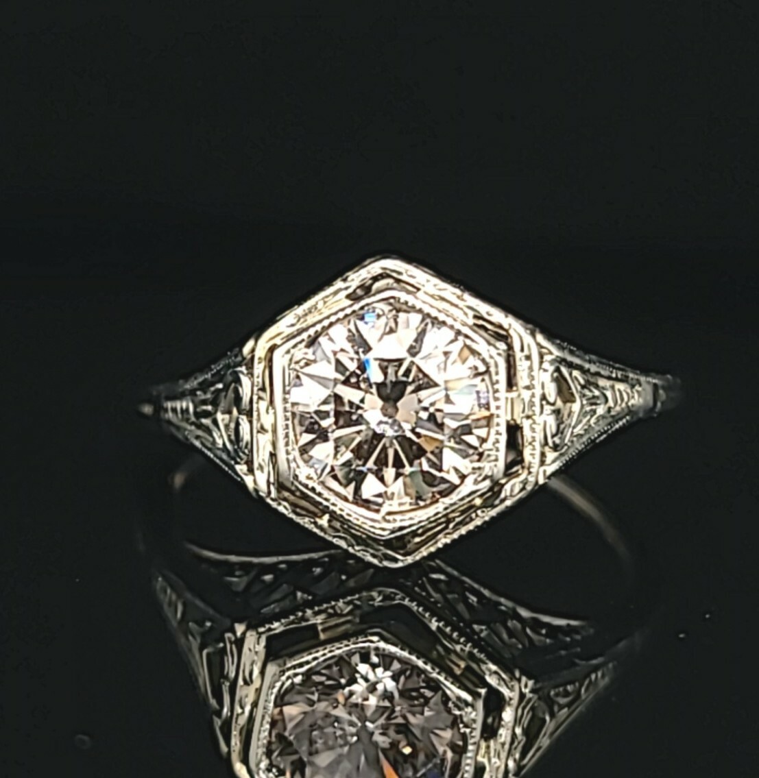 18k White Gold Vintage Engagement Ring 1.10ct.Euro Cut Round Champagne Diamond