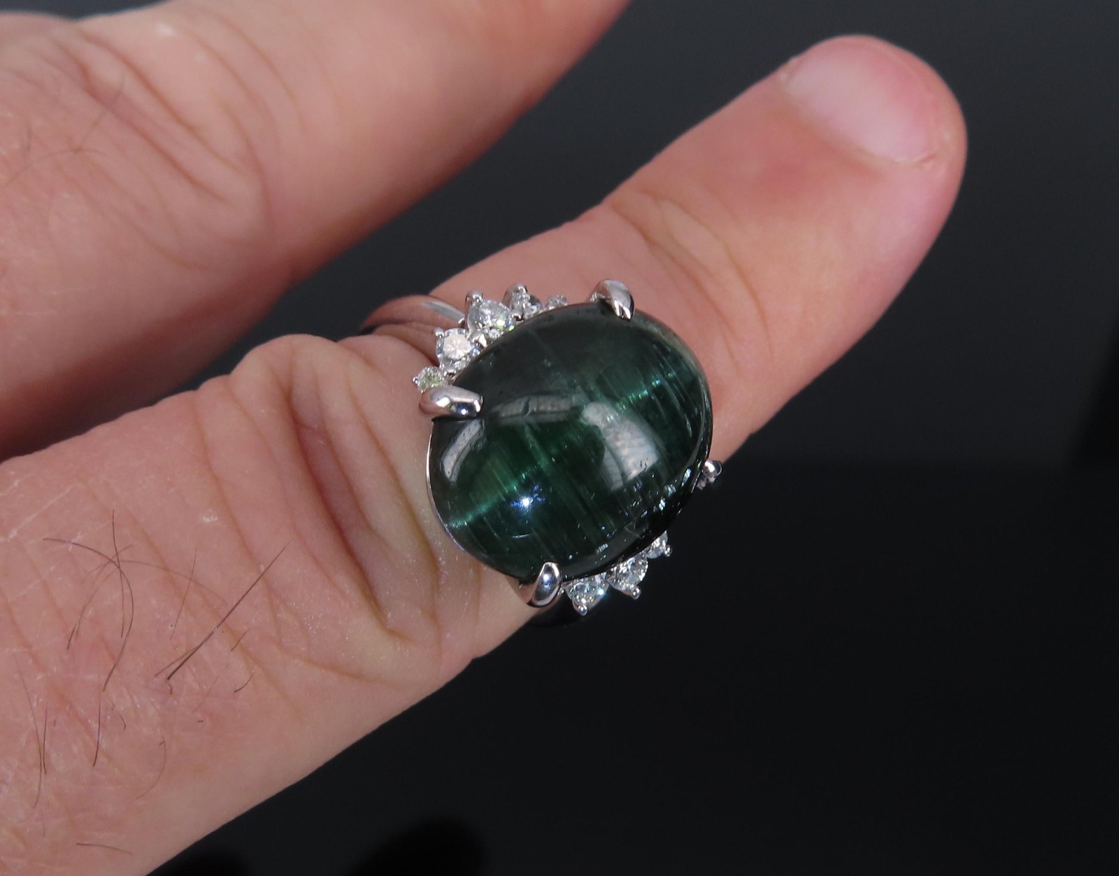 8.05ct Natural Cat’s Eye Green Tourmaline 0.26ct Diamond Platinum Ring Size 6.75