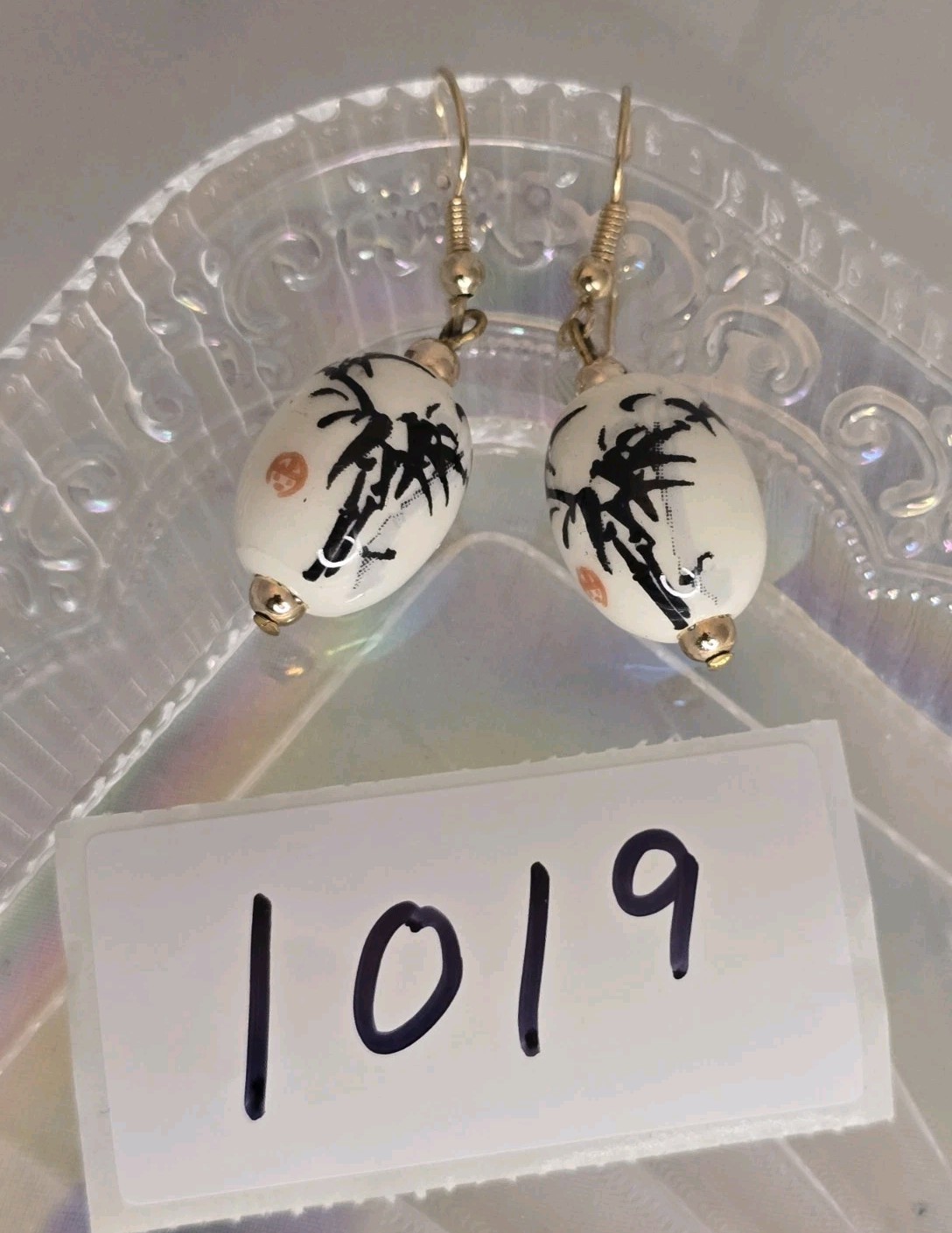 Earrings White Porcelain Bamboo Dangle Earrings Asian Inspired Gold Tone #1019