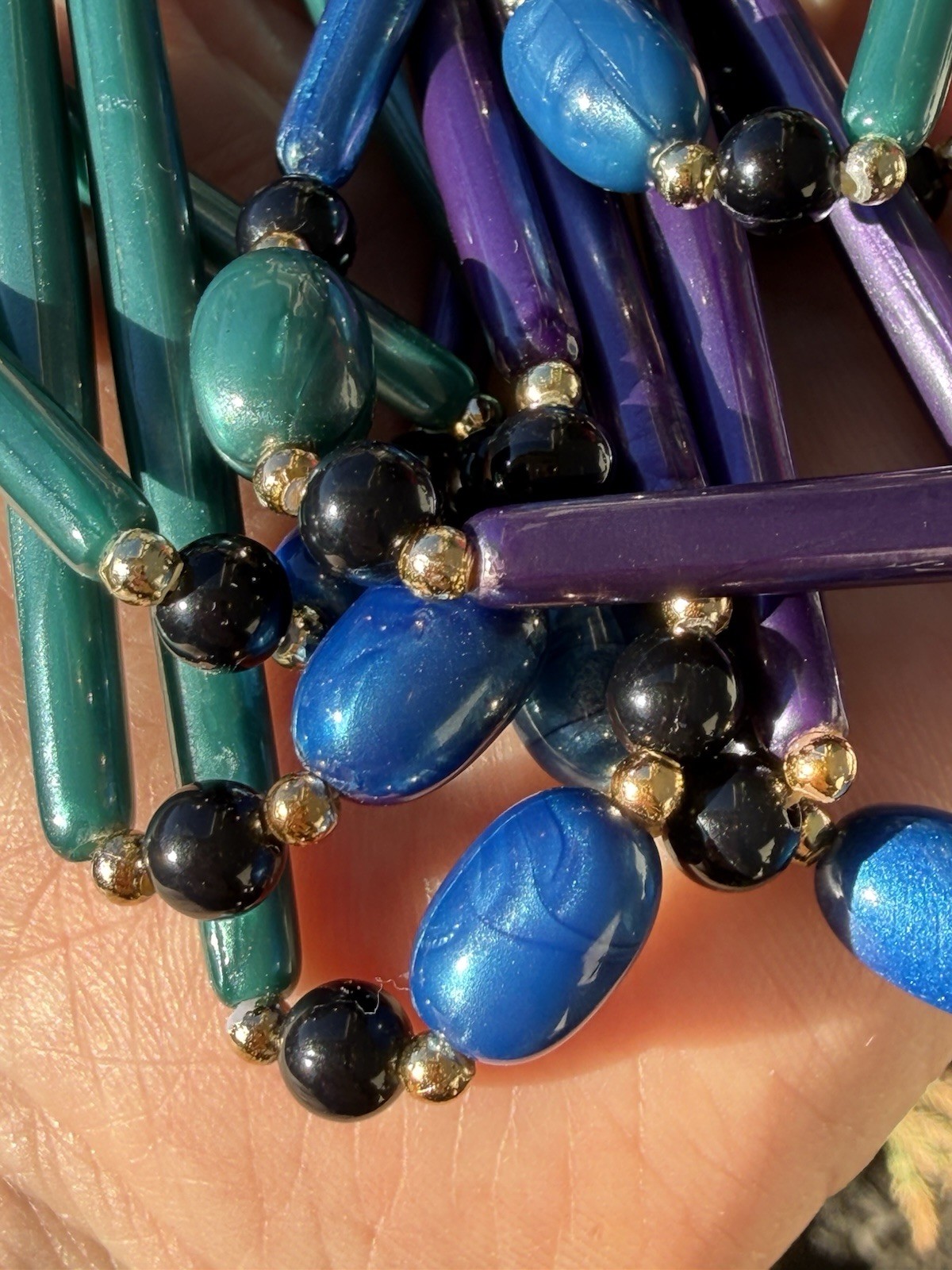Vintage 3 Strand Purple & Teal Blue Marbelized Peacock Color Necklace 34″L